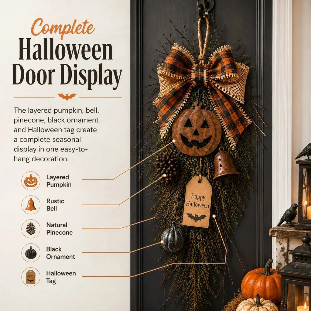 🎃🍂 Rustic Halloween Pumpkin Door Swag – Plaid Bow & Bell Hanging Décor
