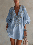 Pink Cotton Linen Mini Dress With Vintage Floral Embroidery