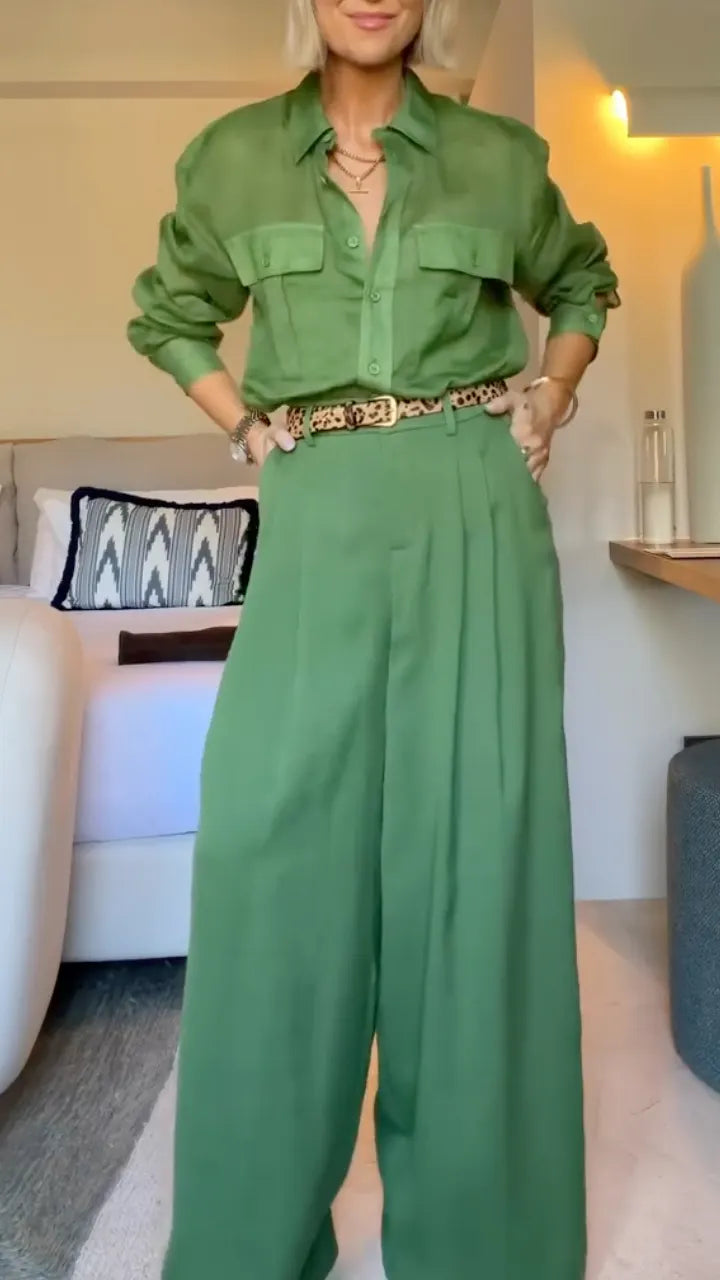Green Linen Blend Button-Down Shirt & Wide Leg Pants Two-Piece Set