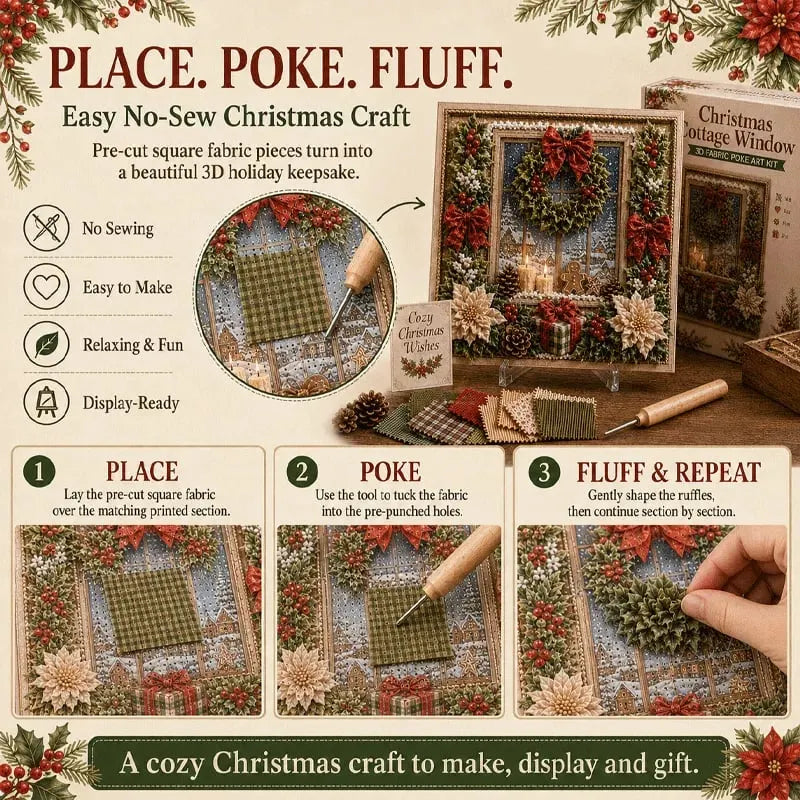 Premium 3D Christmas Fabric Poke Art Kit | No-Sew Holiday Craft with Pre-Punched Board, Fabric Squares & Display Stand