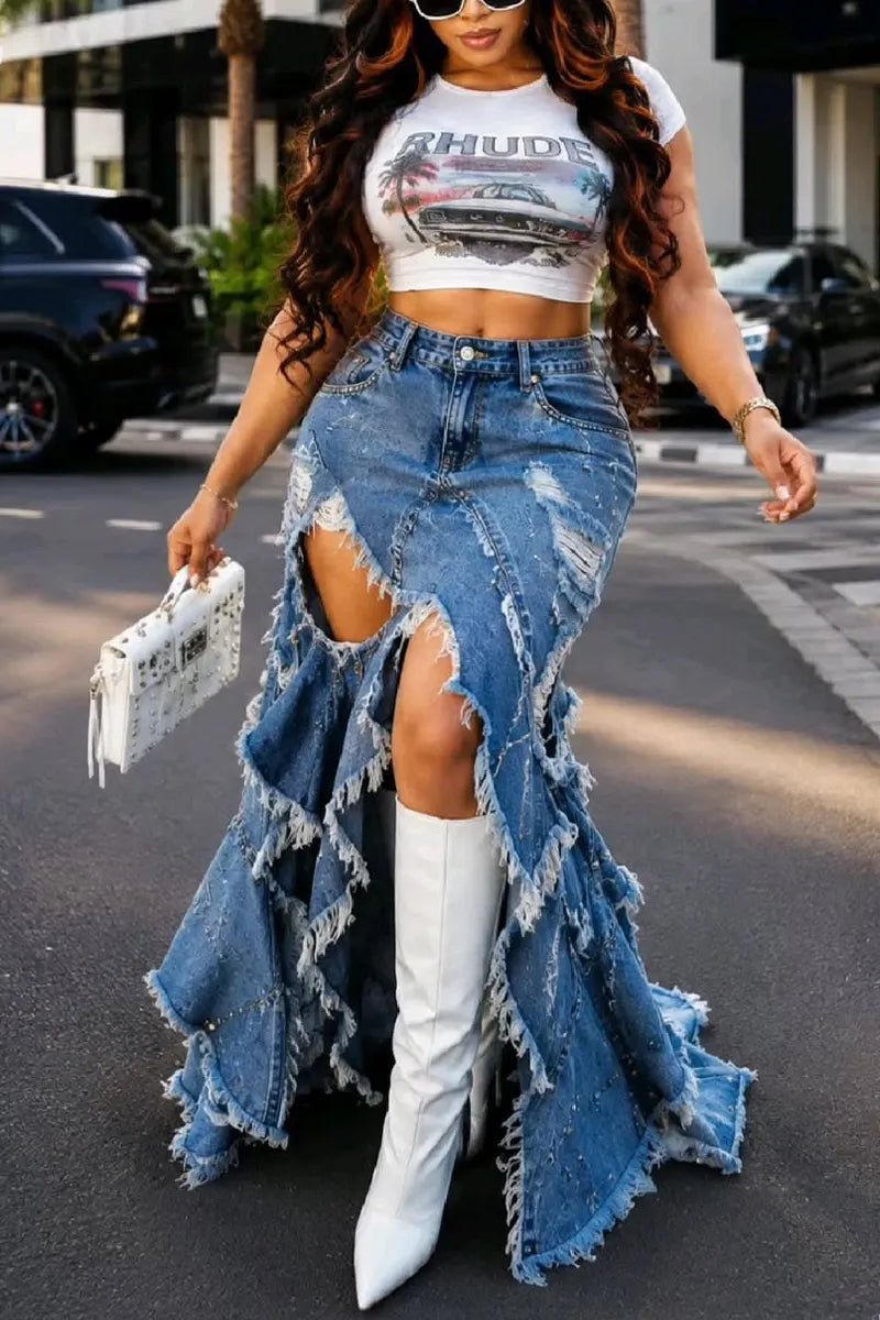 Women Sparkly Rhinestone Ripped Denim Maxi Skirt Multi Layer Fringe Asymmetrical Raw Edge Train Skirt