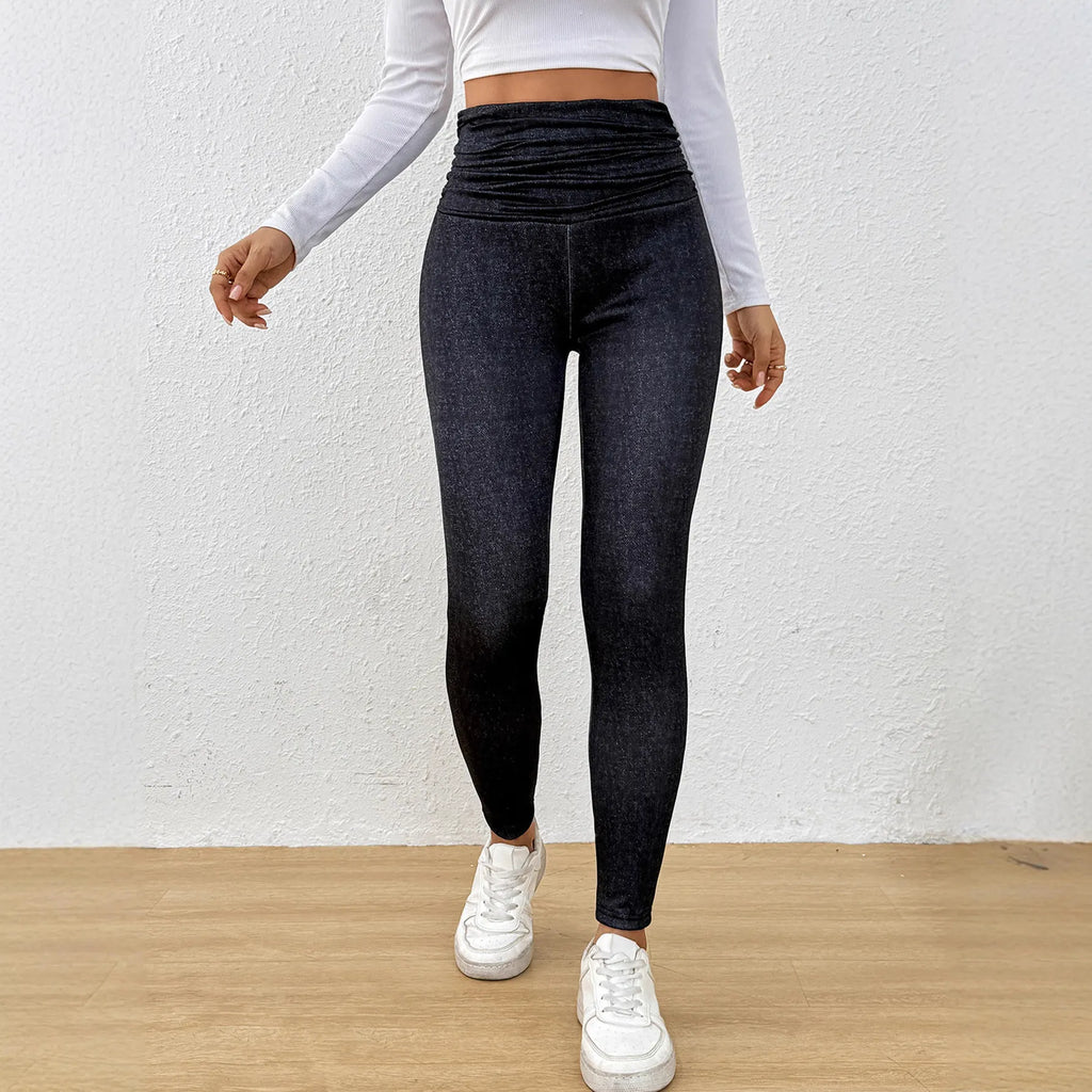 Women's Denim Fleece-lined Thermal Leggings, High-waisted, Pleated Waistband, Slim Fit, Suitable For Wearing As Outerwea