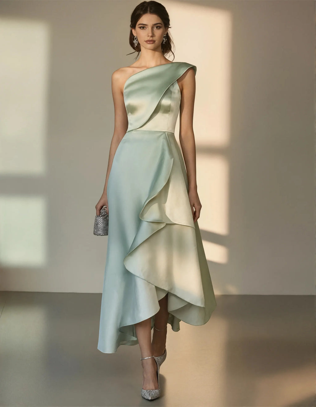 Mint Green One-Shoulder Satin Gown With Asymmetric Ruffle