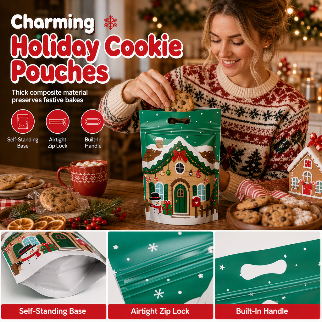 ⏳LAST DAY SALE 50% OFF 🎅🔥50 Pack Christmas Candy Bags Cartoon Stand Up Zipper Pouches for Snowflake Crisp Cookie and Baking Food Packaging