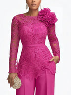 Urban Plain Lace Crew Neck Blouse With 3D Floral