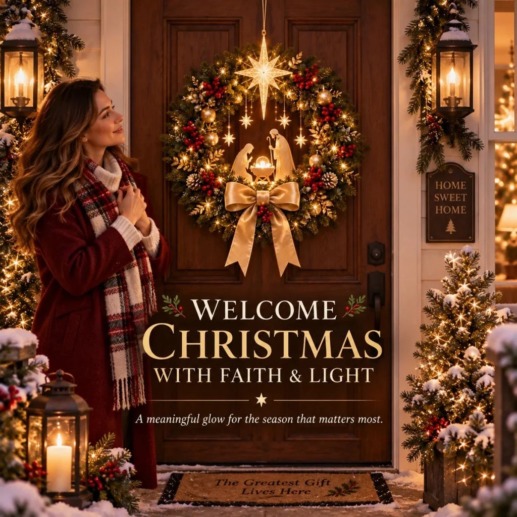 🕊️ Lighted Nativity Christmas Wreath – Star of Bethlehem Front Door Decor ✨