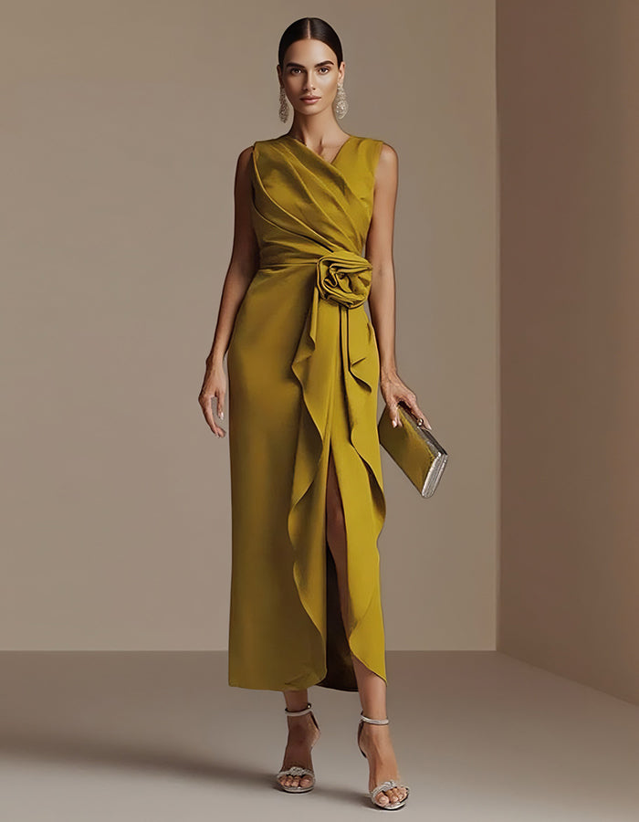 Solid Color Irregular 3D Flower Midi Dress