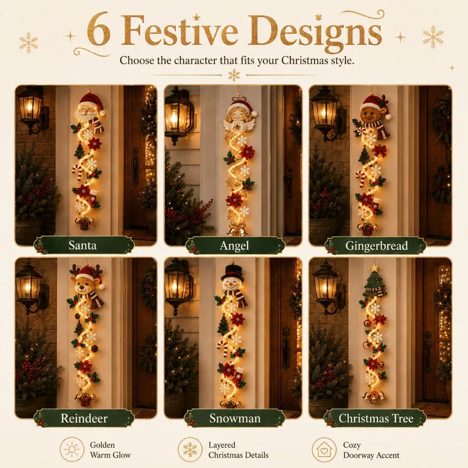 Glowing Christmas Door Hanger | 6 Festive Lighted Designs with Warm Glow, Dimensional Details & Space-Saving Vertical Décor ✨
