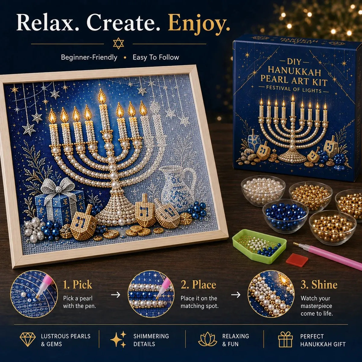 🕎 Premium 3D Pearl Hanukkah Art Kit | Luxury Flocked Canvas with Scratch-Resistant Non-Fading Acrylic Resin Pearls & Faceted Drills DIY Festival of Lights Decor 💙✨