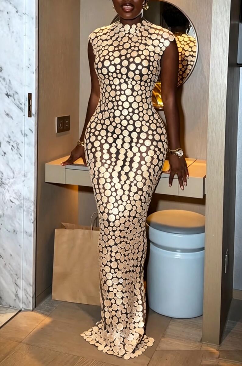 Women's Wedding Dress Classic Polka dots Back Slit Round Neck Slim Fit Elegant Maxi Dress