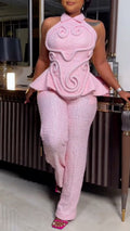 Halter Neck 3D Embroidery Peplum Top + Wide Leg Pants
