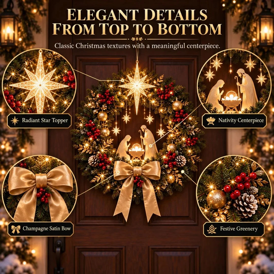 🕊️ Lighted Nativity Christmas Wreath – Star of Bethlehem Front Door Decor ✨