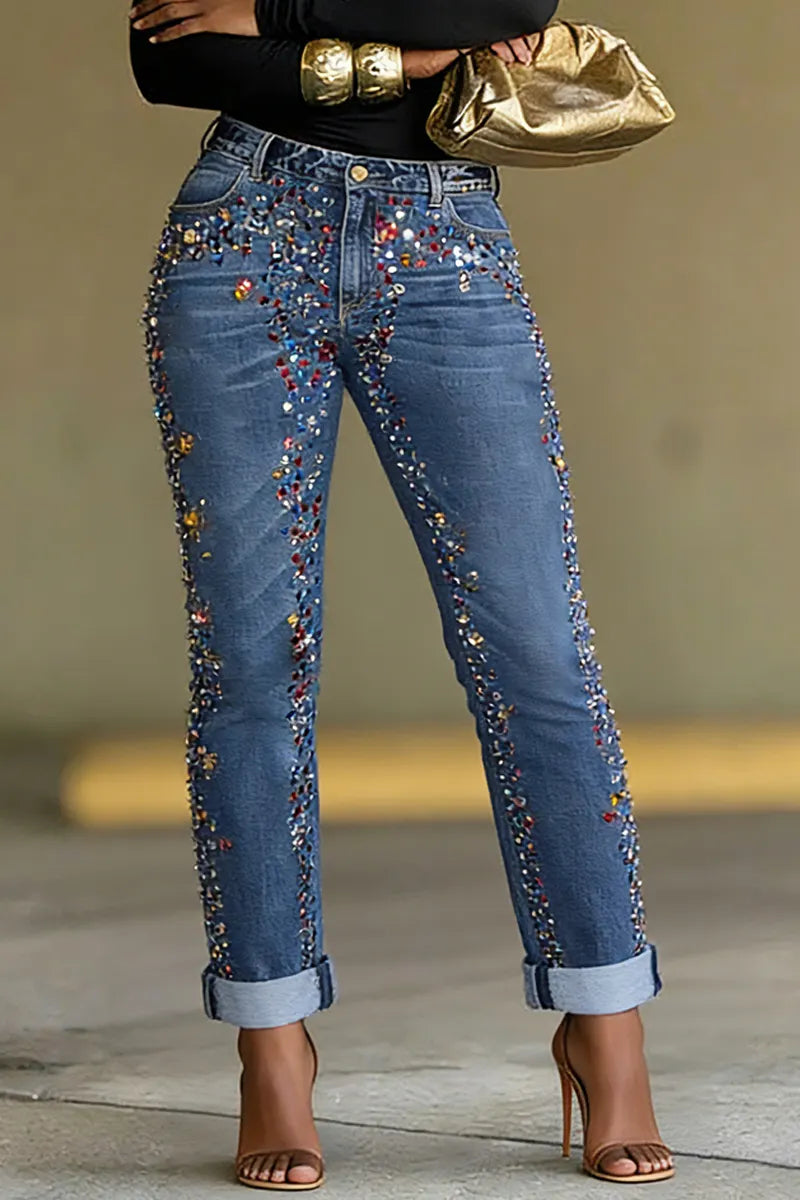 Women's daily blue casual perforated pocket denim jeans