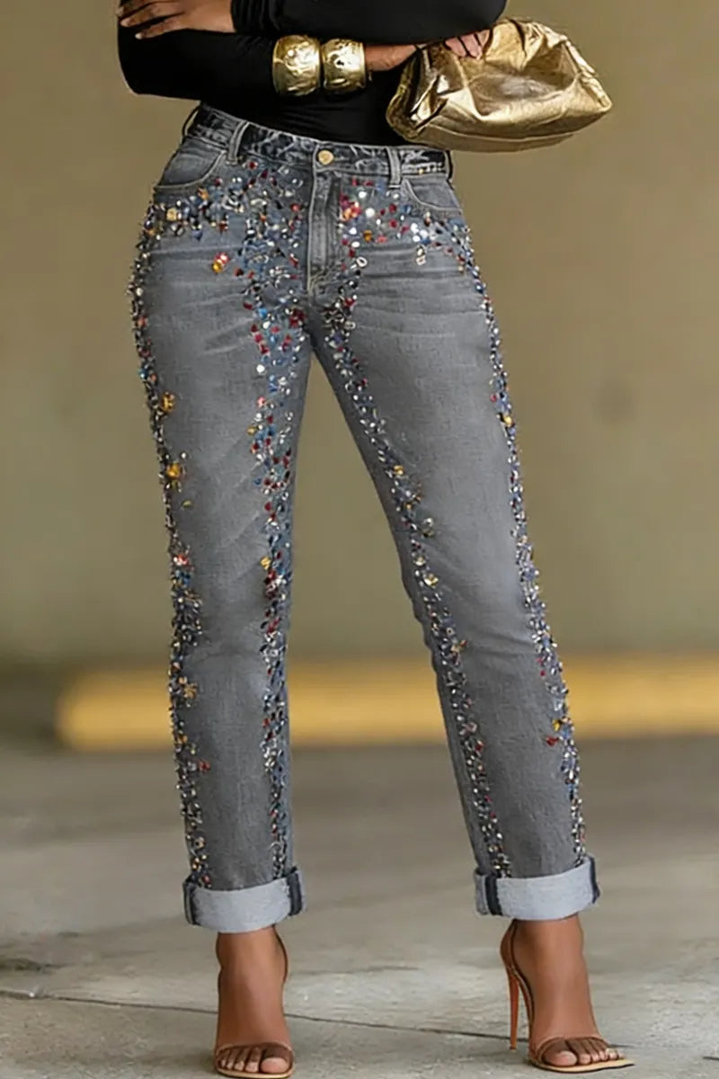 Women's daily blue casual perforated pocket denim jeans