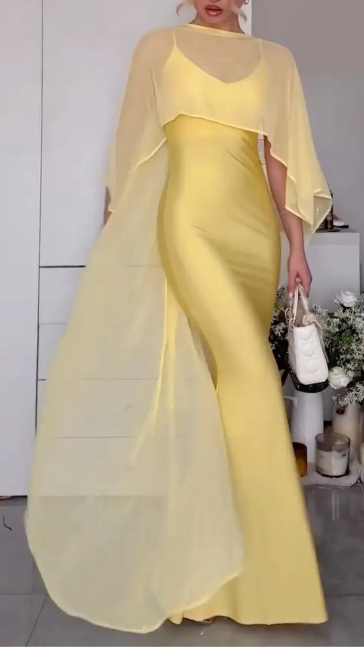 Satin Slip Maxi Dress & Sheer Cape Shrug Co‐Ord Set