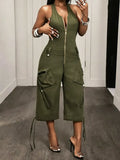 Casual Solid Tailored Sleeveless Cargo Jumpsuit