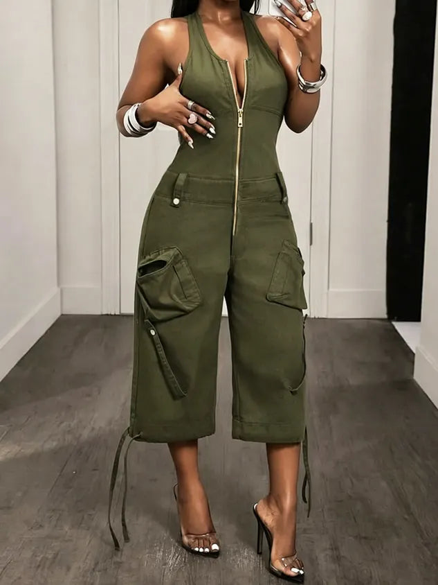 Casual Solid Tailored Sleeveless Cargo Jumpsuit