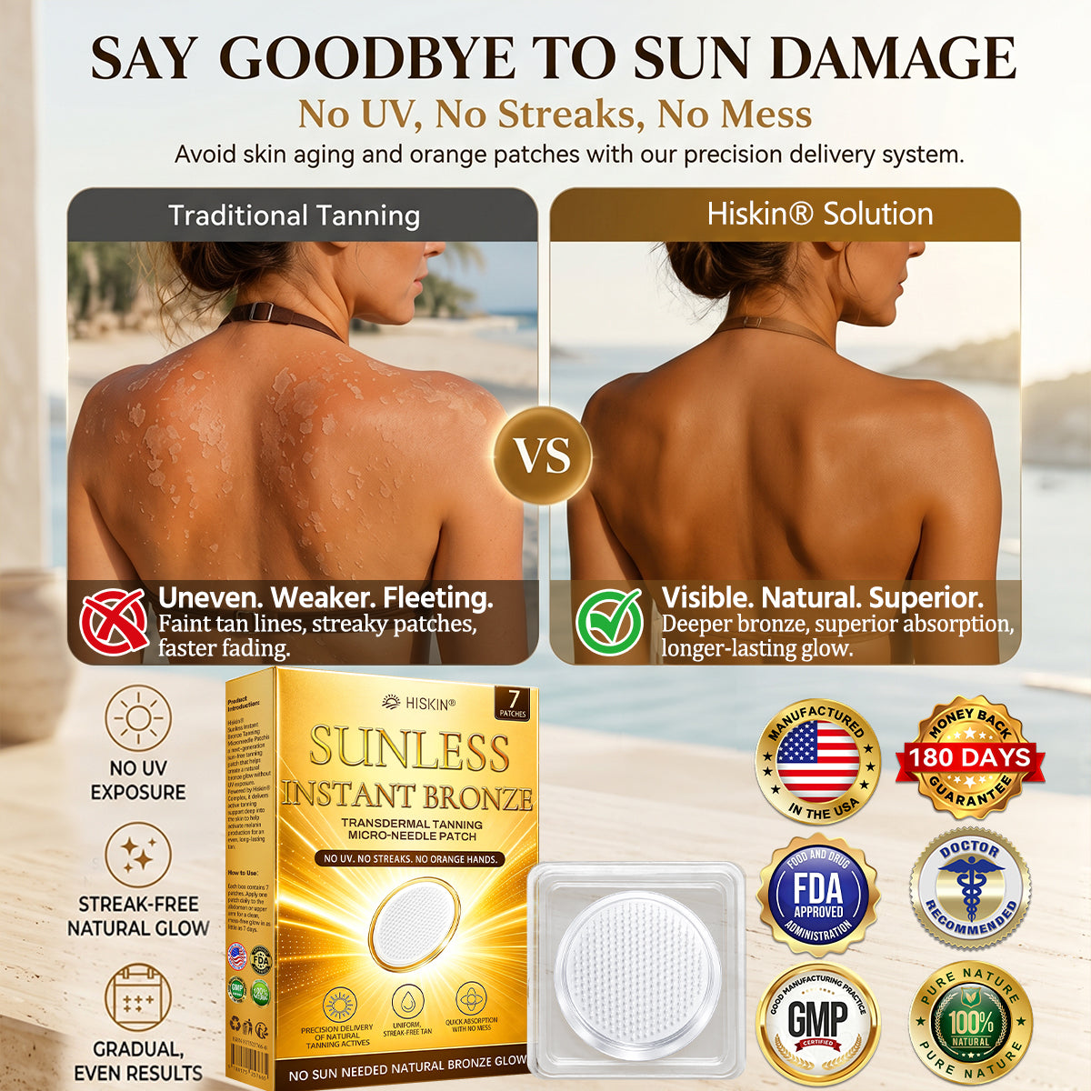 Official Store | Hiskin® Sunless Instant Bronze Tanning Microneedle Patch US (Just once a day) Visible Bronze Glow in 7 Days No UV, No Orange, No Streaks, No DHA, No Mess.