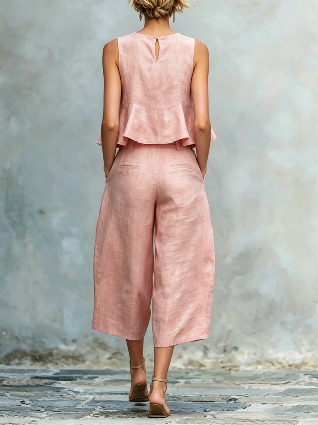 Cotton Casual Solid Relaxed Plain Peplum Sleeveless Blouse