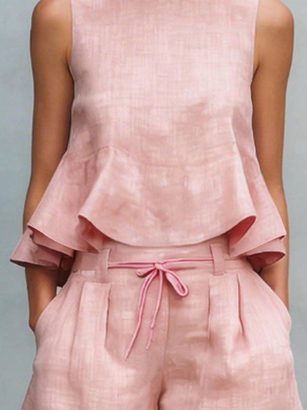 Cotton Casual Solid Relaxed Plain Peplum Sleeveless Blouse