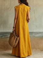Cotton And Linen Casual Plain Split Joint Buttoned Pockets Maxi Dress