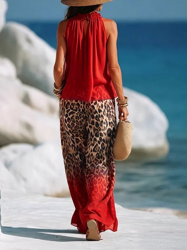 Casual Solid Sleeveless A-Line Halter Top