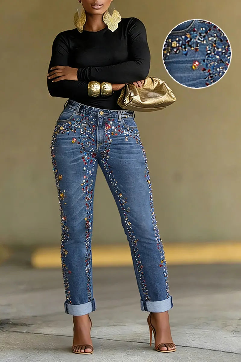 Women's daily blue casual perforated pocket denim jeans