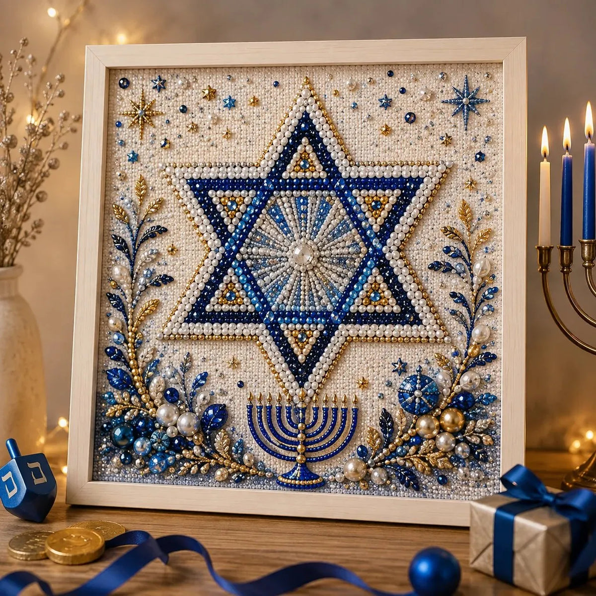 🕎 Premium 3D Pearl Hanukkah Art Kit | Luxury Flocked Canvas with Scratch-Resistant Non-Fading Acrylic Resin Pearls & Faceted Drills DIY Festival of Lights Decor 💙✨
