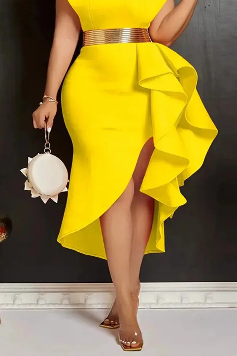 Women Solid Yellow V Neck Flutter Shoulder Metal Waist Belt Ruffle Split Midi Party Dress