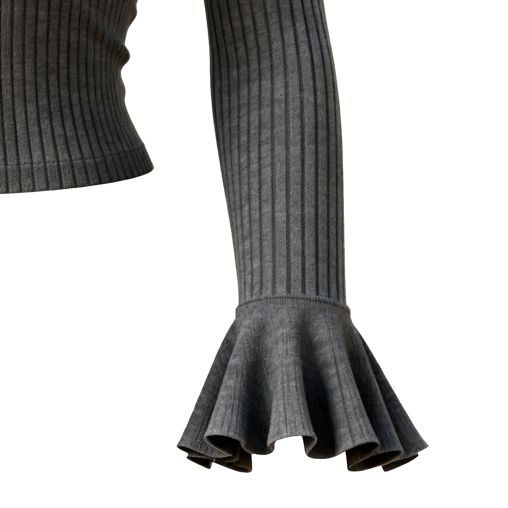 Women's Elegant Gray Ribbed Polo Neck Top With Flared Sleeves