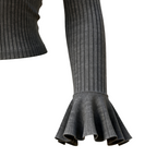 Women's Elegant Gray Ribbed Polo Neck Top With Flared Sleeves