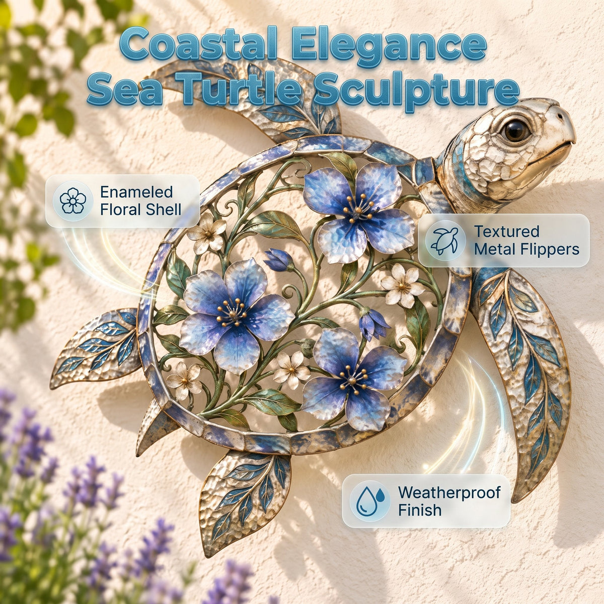 🐢 Sea Turtle Wall Sculpture — Enameled Floral Coastal Art with Textured Metal Scales