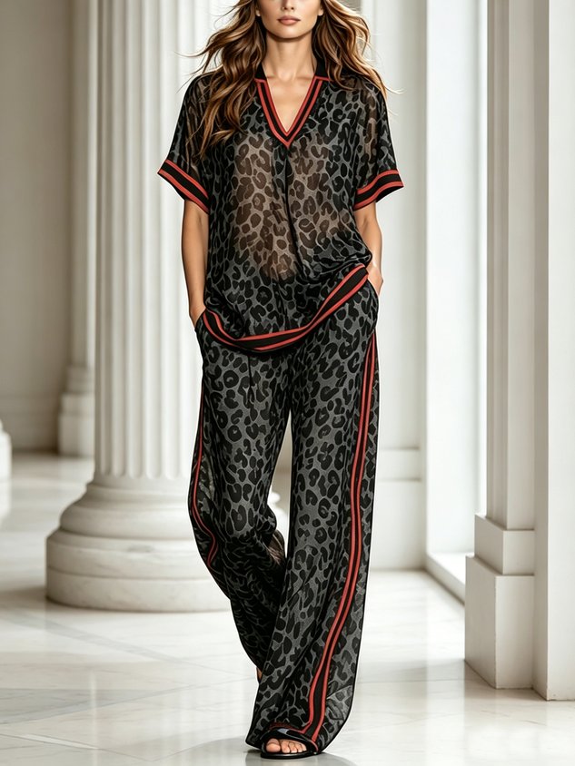 Casual Leopard Printing Wide Leg Pants