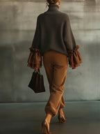 Casual Color Block Turtleneck Sweater with Sheer Ruffle Cuffs