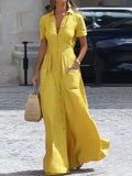 Urban Plain Buttoned Shirt Collar Maxi Dress