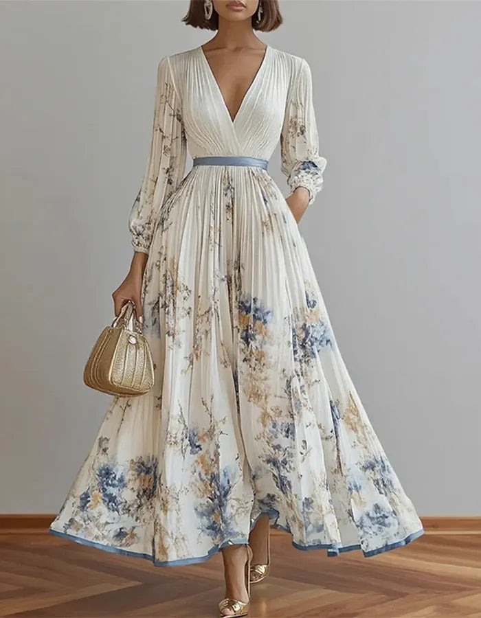 Graceful Cream Chiffon Gown with Watercolor Floral Print and Pleated Skirt