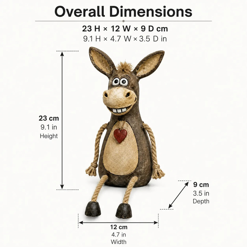 Rustic donkey figure on a plank with dangling rope legs