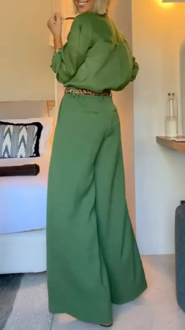 Green Linen Blend Button-Down Shirt & Wide Leg Pants Two-Piece Set