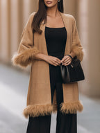 Faux Fur Trim Open-Front Knit Coat