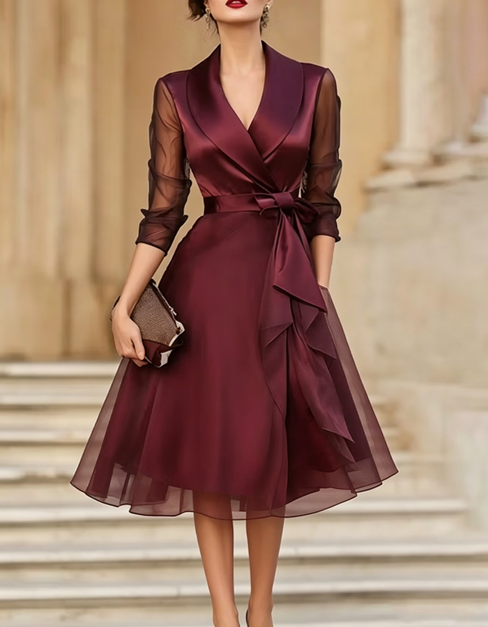 Burgundy Satin Tulle Midi Dress