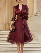 Burgundy Satin Tulle Midi Dress