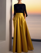 Black And Gold Satin Boat Neckline Maxi Dress