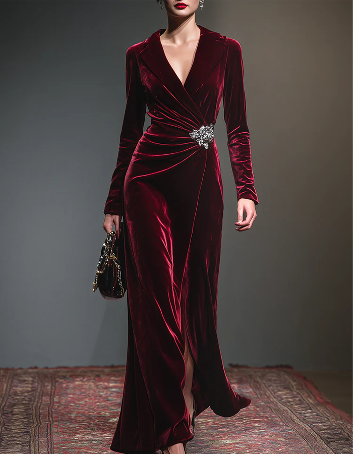 Burgundy Velvet Long Sleeves Maxi Dress