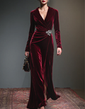 Burgundy Velvet Long Sleeves Maxi Dress