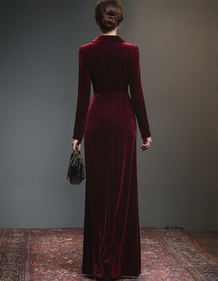 Burgundy Velvet Long Sleeves Maxi Dress