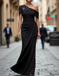 One-Shoulder Lace Appliqué Draped Maxi Dress