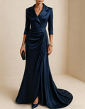 Satin Blazer Collar Floor-Length Maxi Dress