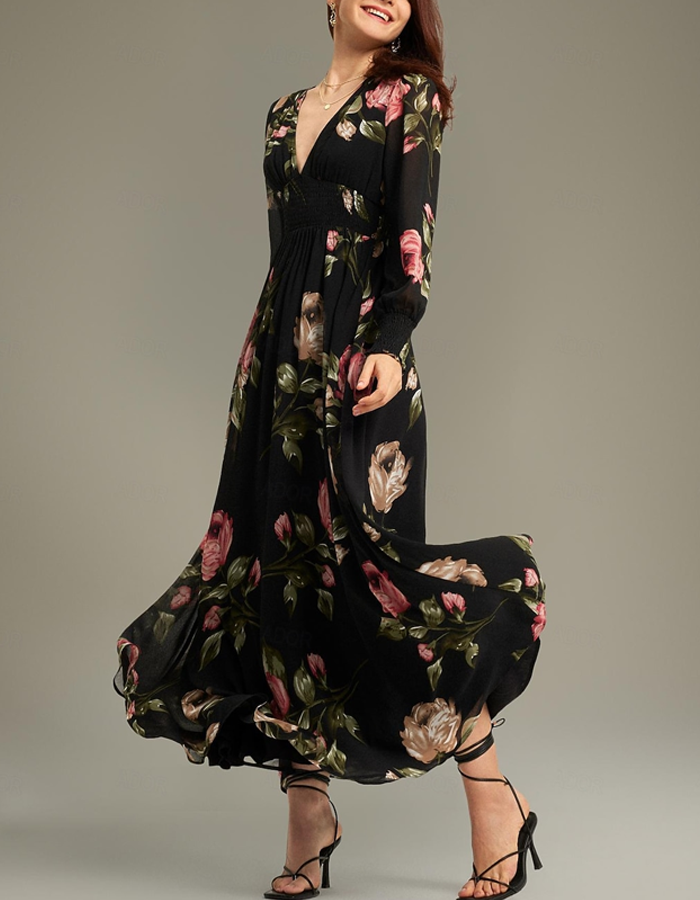 Black Floral Print Chiffon Maxi Dress