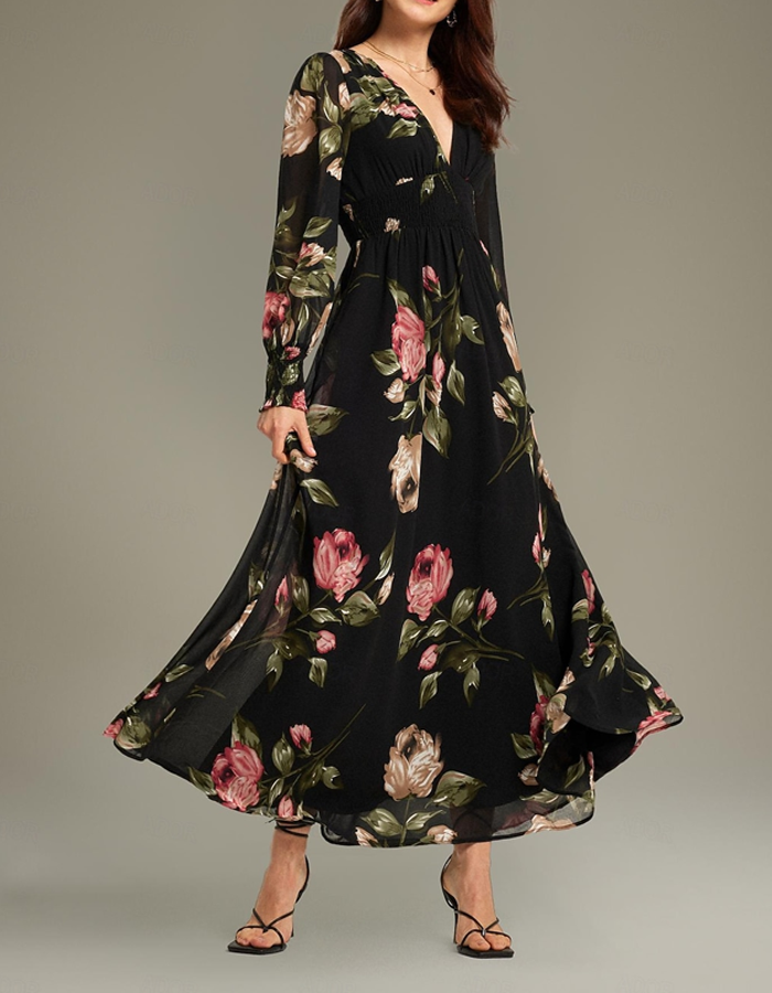 Black Floral Print Chiffon Maxi Dress