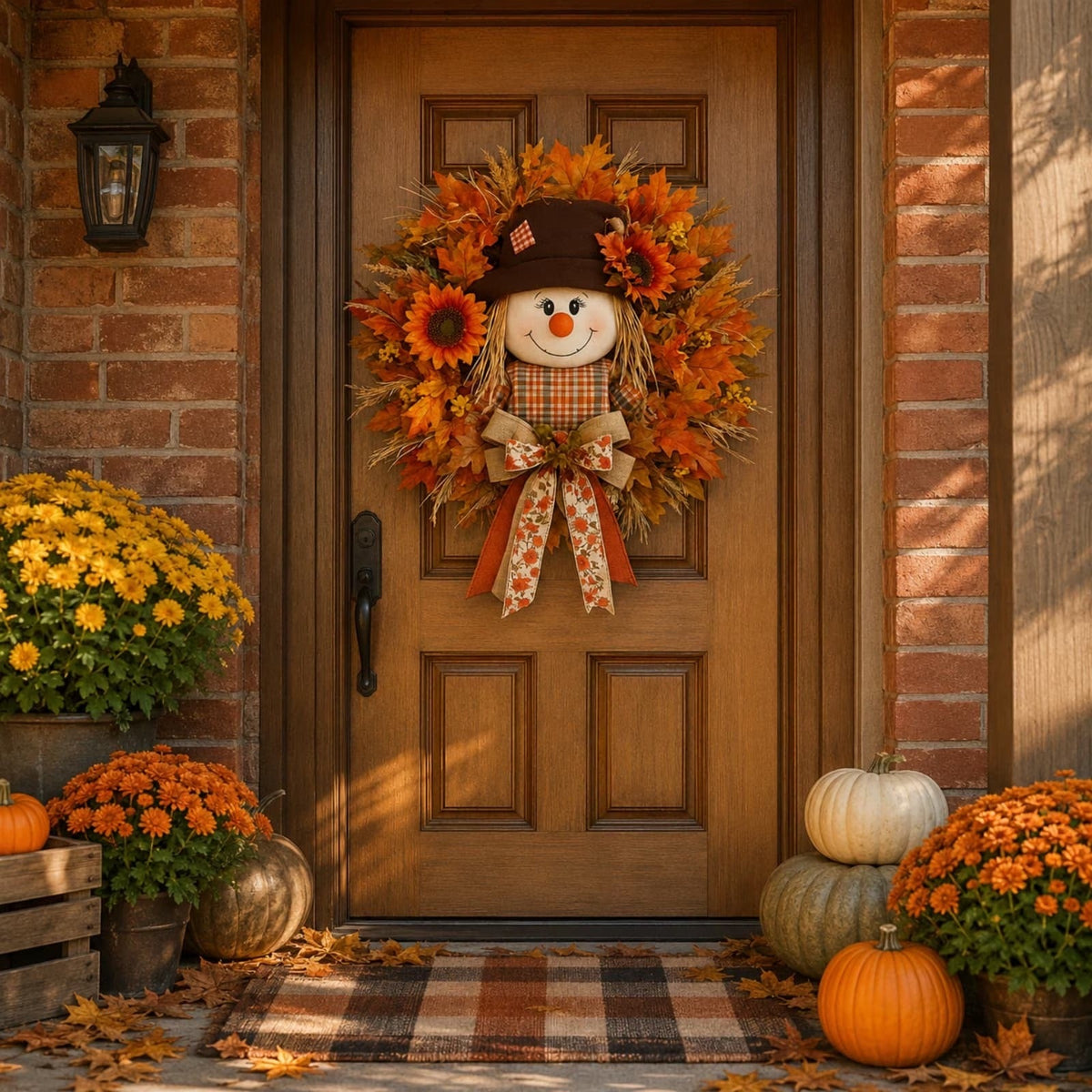 🍂 Lighted Scarecrow Fall Wreath for Front Door